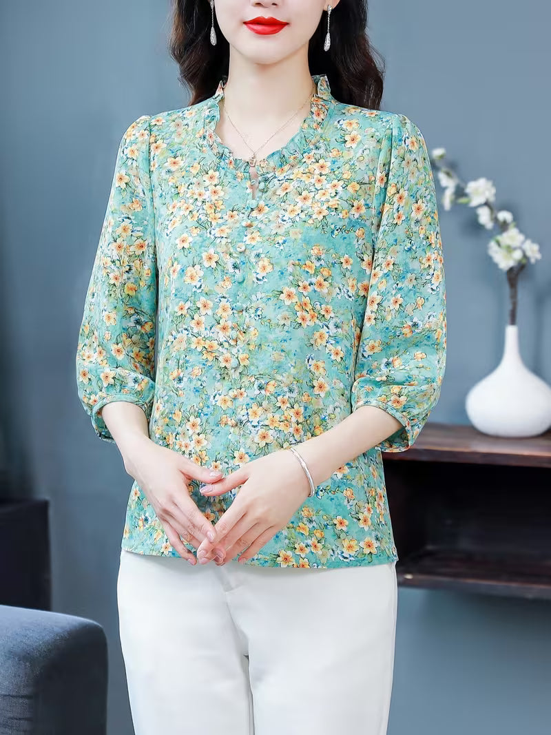 Teal Blue Ditsy Floral Georgette Top