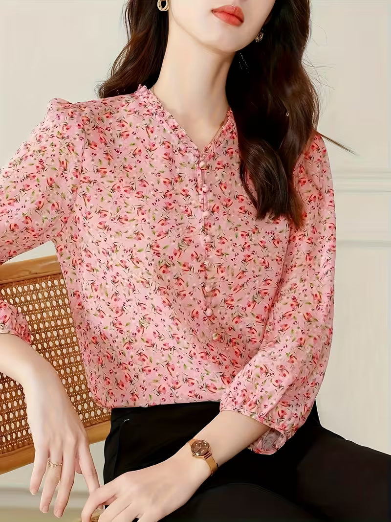 Long puff sleeves with gathered cuffs Mini Floral Print Top