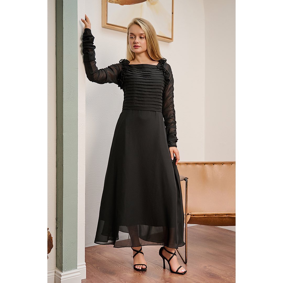 Black Georgette Maxi Dress with Boat Neck, Ruched Sleeves and Pleated Bodice