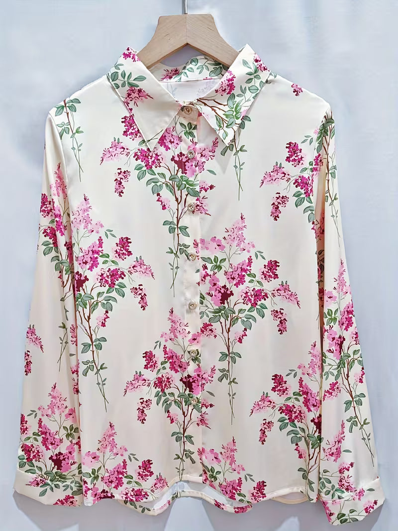 Vintage Botanical Floral Print Button-Down Satin Shirt