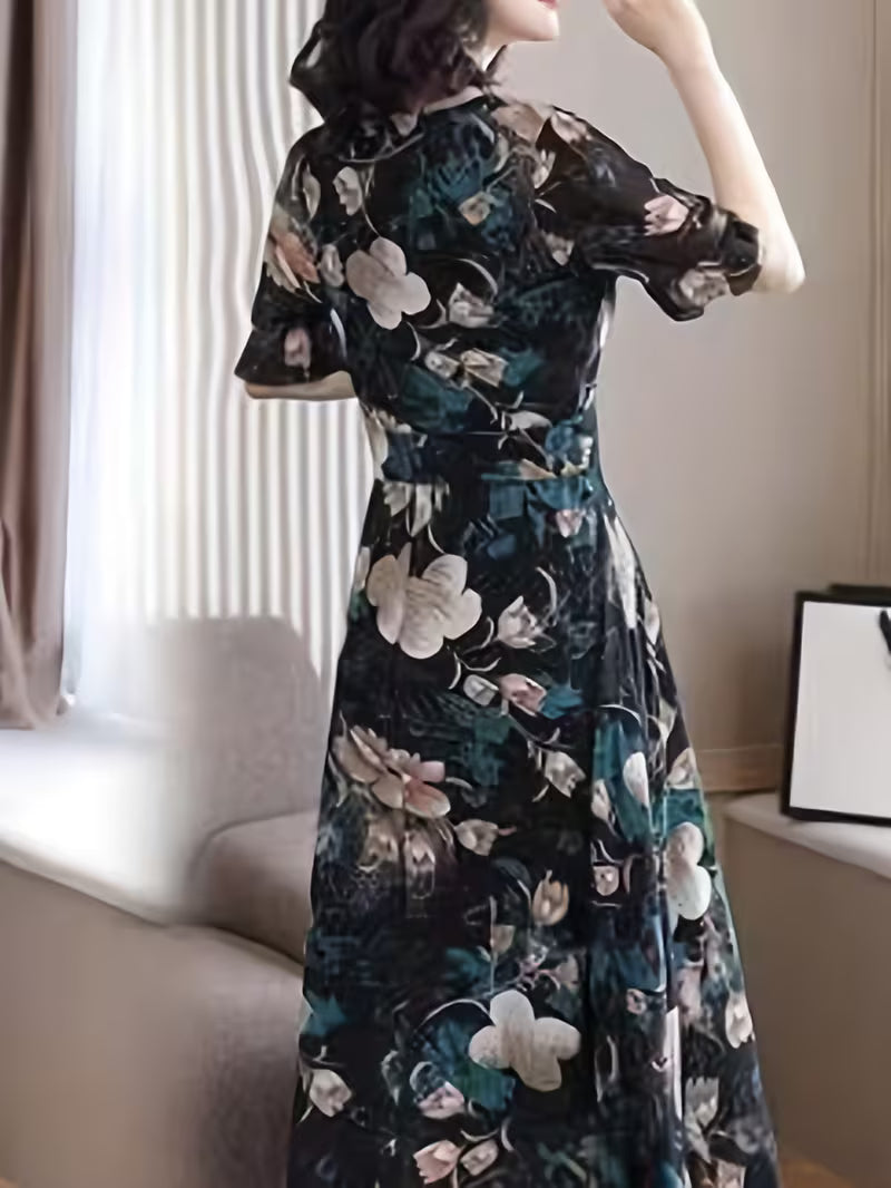 "Vintage Botanical Print A-Line Flowy Dress - Dark Floral"