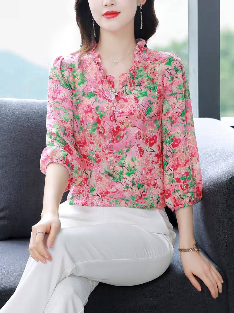 Vintage Rose Floral Chiffon with Ruffled Collar and Elastic Cuffs  Shirt