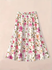High-Waisted A-Line Floral Maxi Skirt - Romantic Rose Print Flowy Summer Skirt