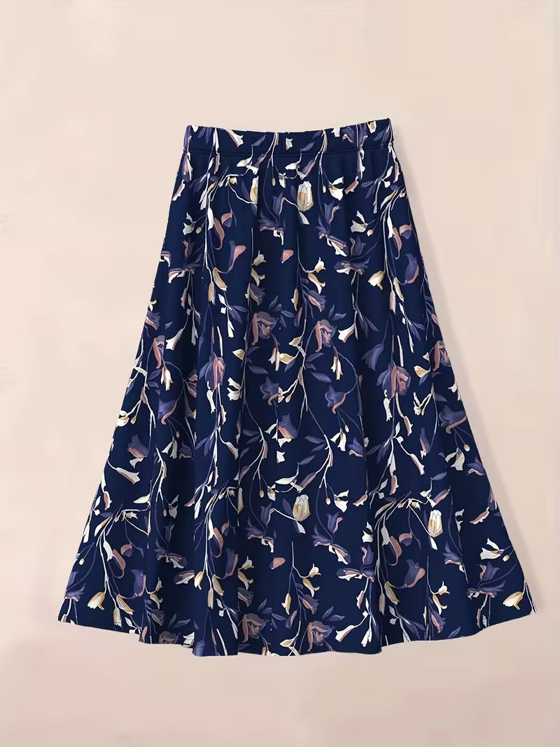 Elegant Navy Blue Floral Printed Skirt