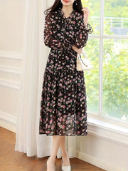 Floral Printed Full Sleeve Dress – Black