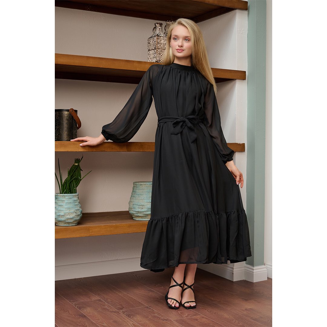 Black Georgette Maxi Dress with High Neck, Bishop Sleeves and Tie Belt