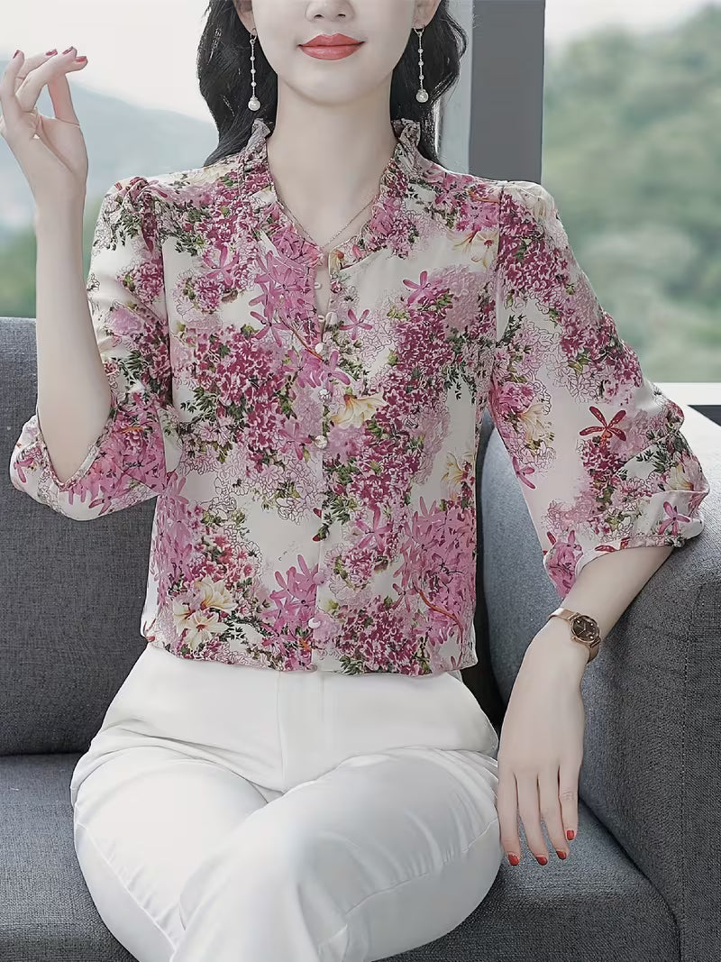 Elegant Lavender Floral Print Chiffon  with Ruffled Neck Top