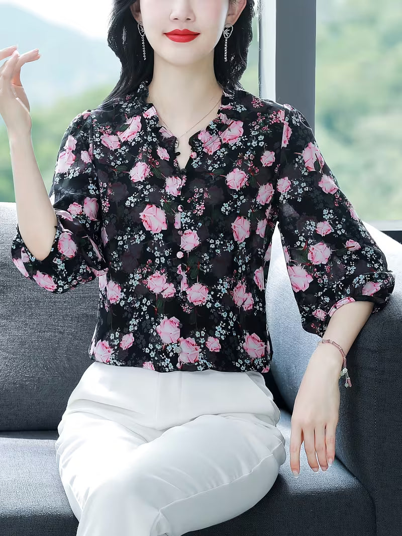 Vintage Rose Print Ruffle-Trim Chiffon Top