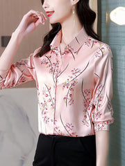 Luxurious Silk Satin Floral Blouse - Professional Slim Fit Office Wear Shirts