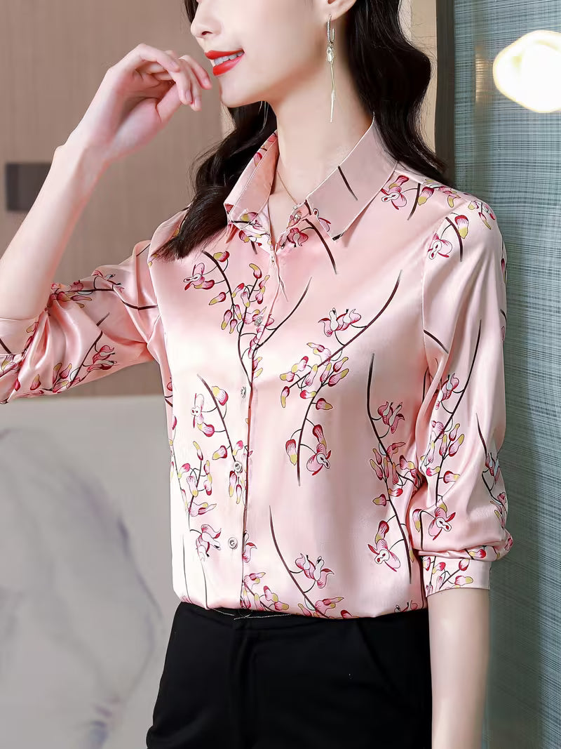 Luxurious Silk Satin Floral Blouse - Professional Slim Fit Office Wear Shirts