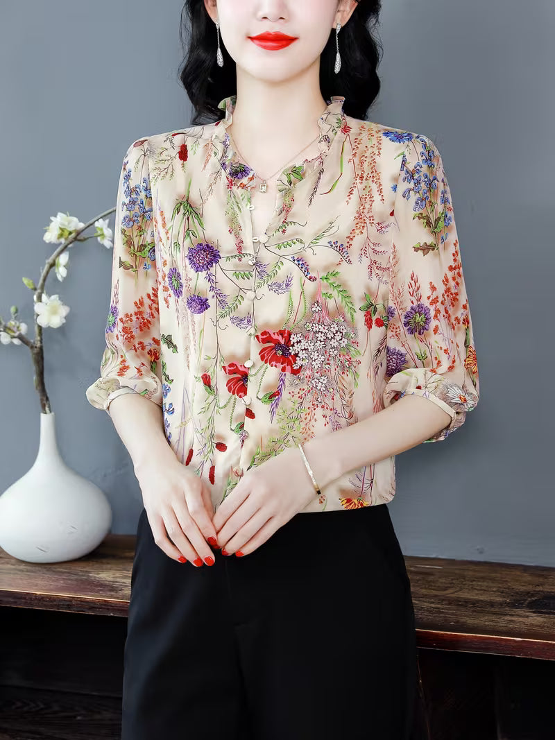 Champagne Silk-Satin Botanical Print Shirt – Vintage Ruffle Collar Edition