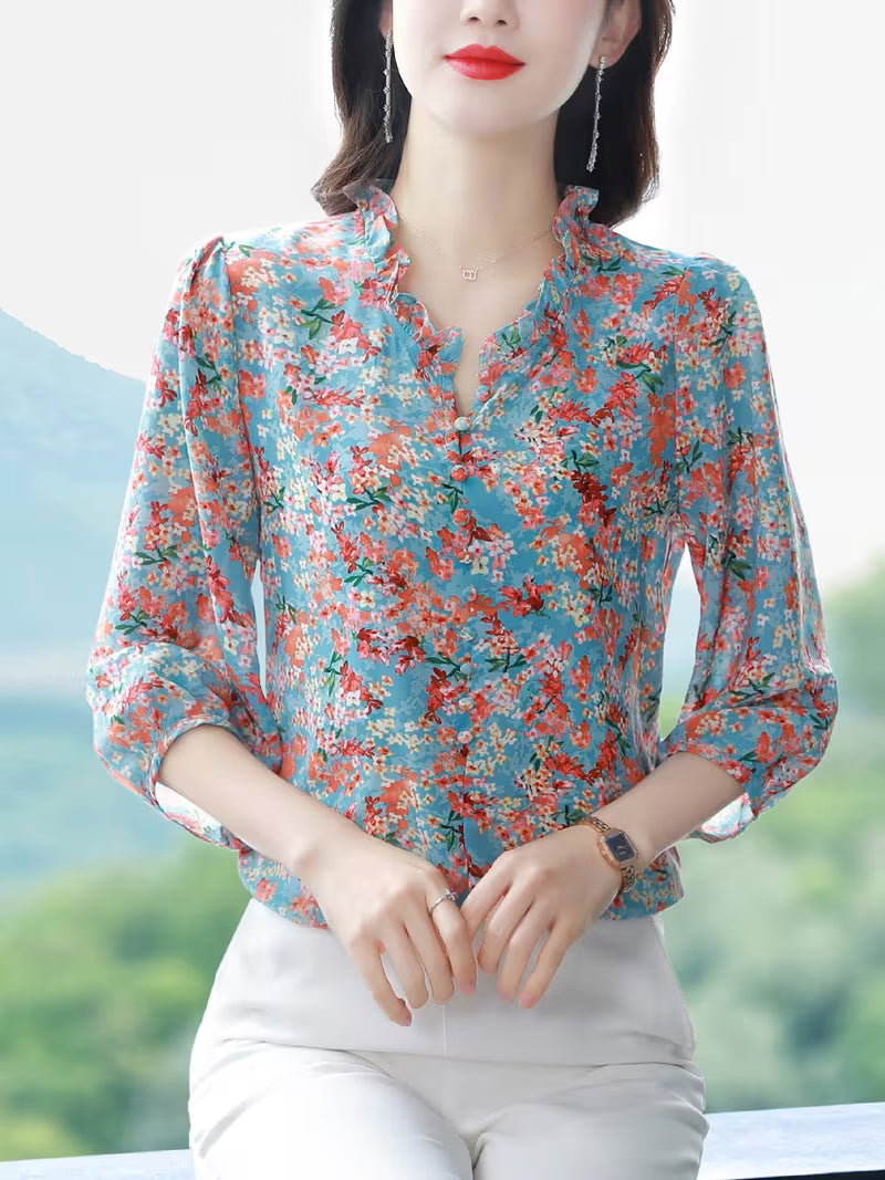 Premium Sky Blue Ditsy Floral Chiffon Top with Ruffle Neck