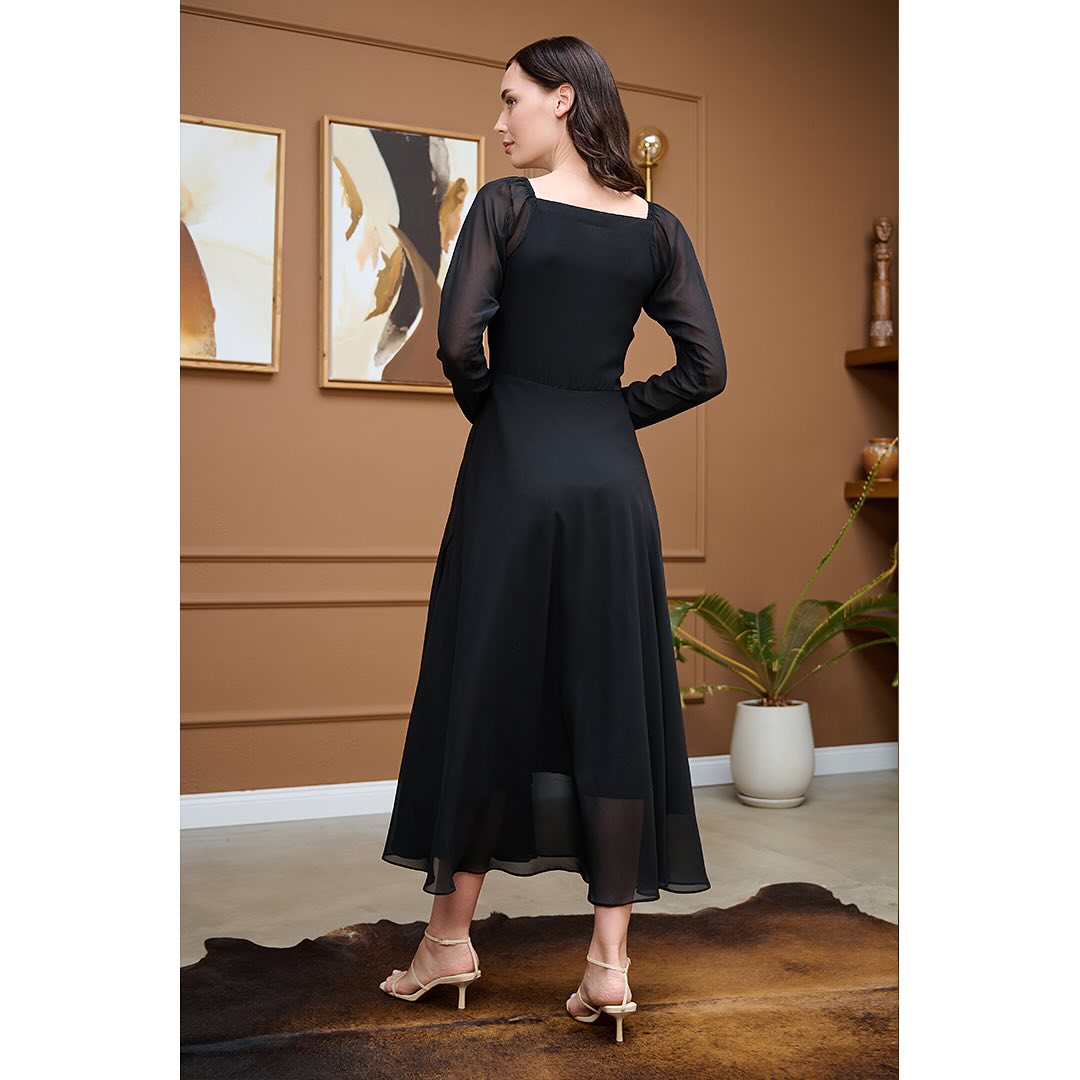 Black Cotton Midi Dress with Sweetheart Neckline and Sheer Full Sleeves
