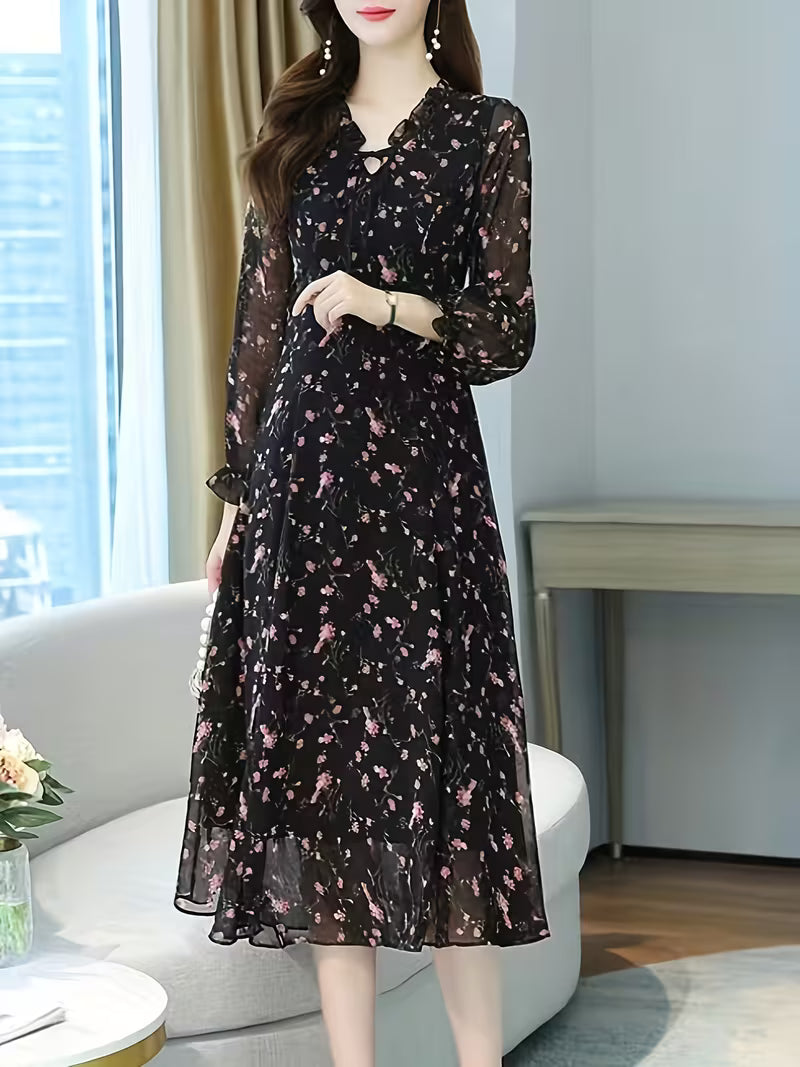 Dark elegant base with delicate pastel floral Dress