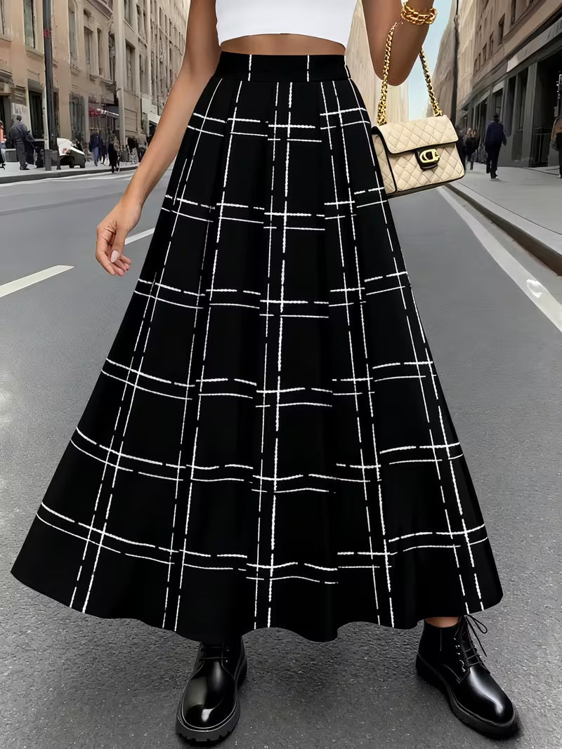 Elegant Monochrome Check Flared Skirt Lightweight Fabric with Feminine Flair and Sophisticated Charm