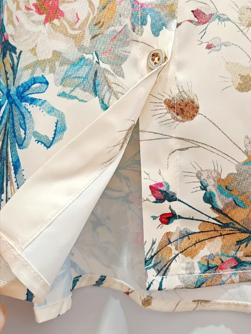 Vintage-Inspired Floral Bouquet Satin With   Pointed Collar  Button-Down Shirt