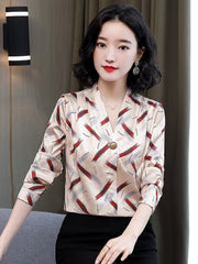 V-Neck Satin Silk Shirt in Geometric Brushstroke Print