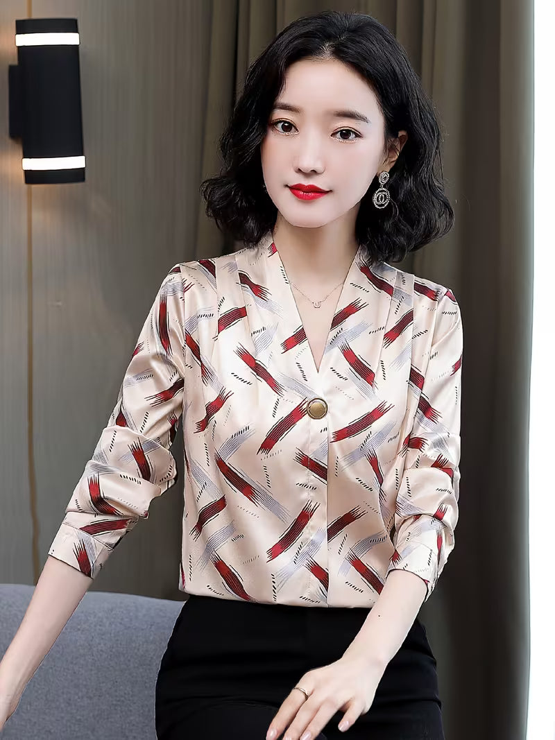 V-Neck Satin Silk Shirt in Geometric Brushstroke Print