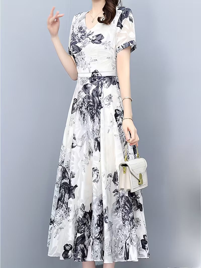 Black & White Ink-Wash Floral Organza Fusion Midi Dress