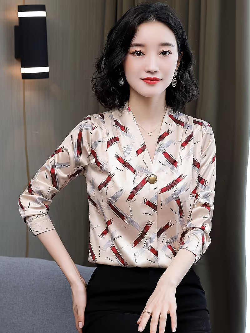 V-Neck Satin Silk Shirt in Geometric Brushstroke Print