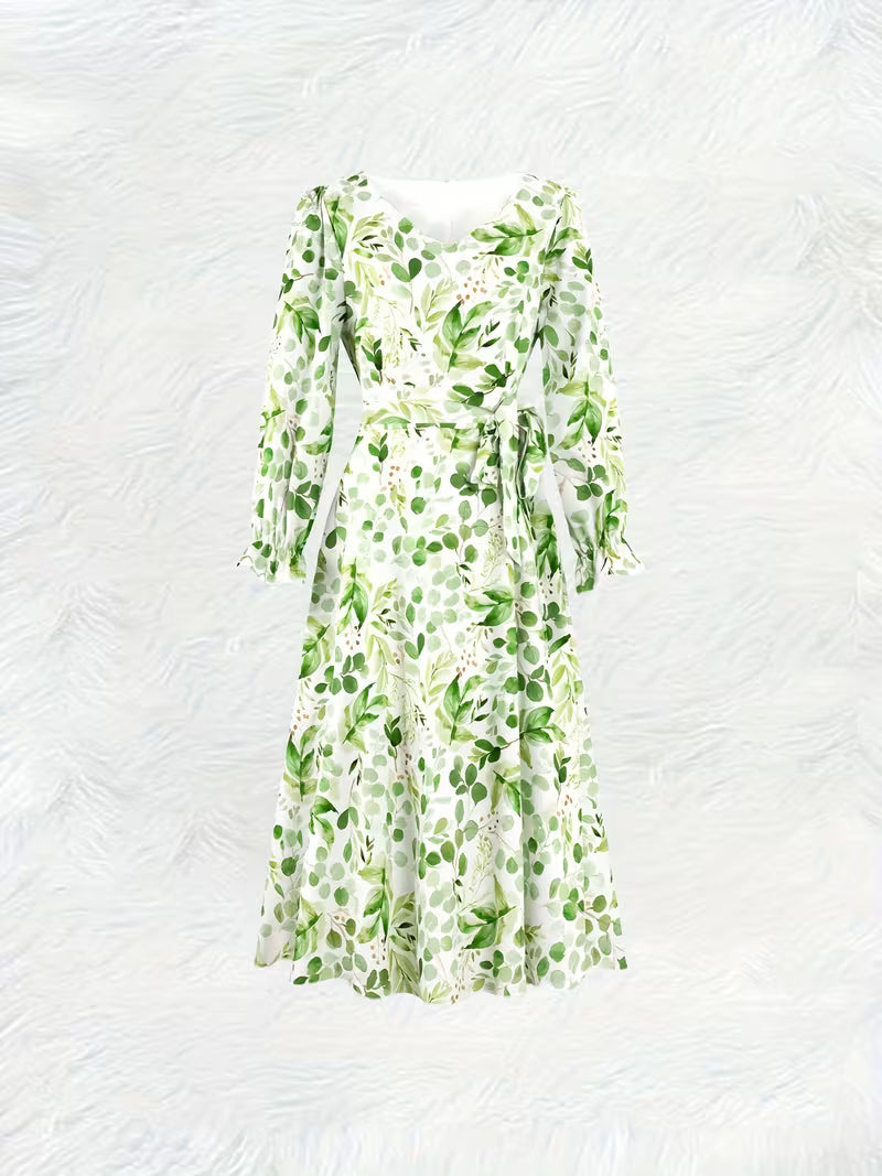 Green Botanical Print Long  Dress
