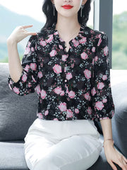 Vintage Rose Print Ruffle-Trim Chiffon Top