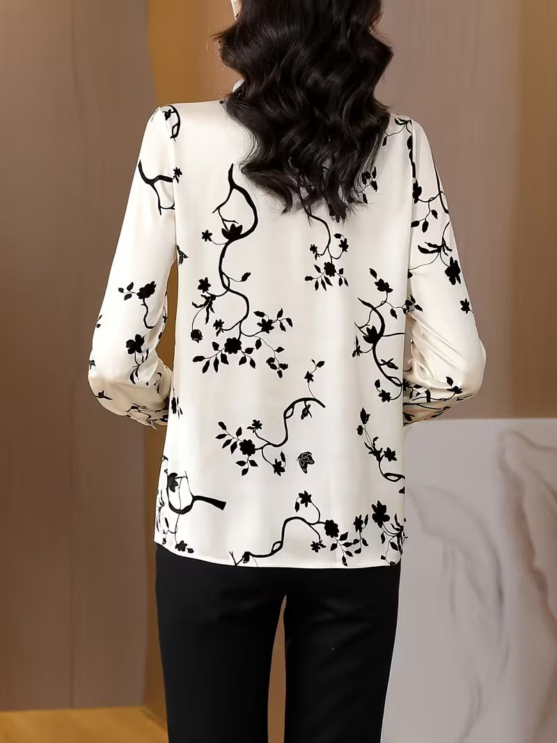 The Monochrome Botanical Satin Shirt in Champagne & Black