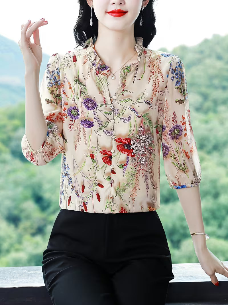 Champagne Silk-Satin Botanical Print Shirt – Vintage Ruffle Collar Edition