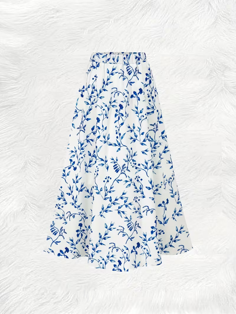 Azure Floral Elegance Maxi Skirt