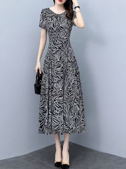 Women’s Monochrome Leaf Print Long  Dress