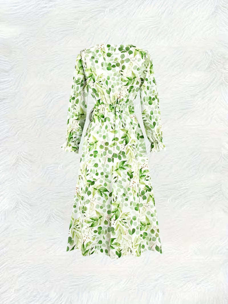 Green Botanical Print Long  Dress