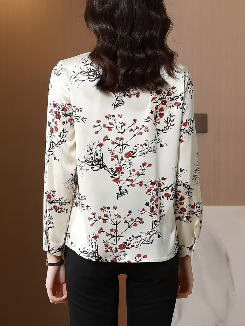 Elegant Floral Print Satin Button-Down Top - Champagne