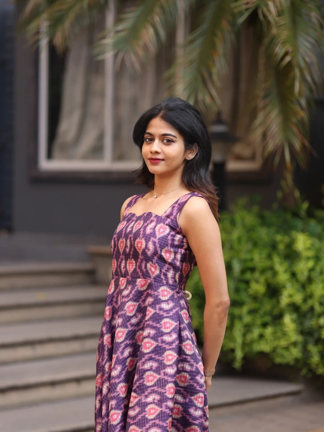 Plum Ikat Grace Midi Dress for Women Lightweight  Flowing Fabric with Elegant