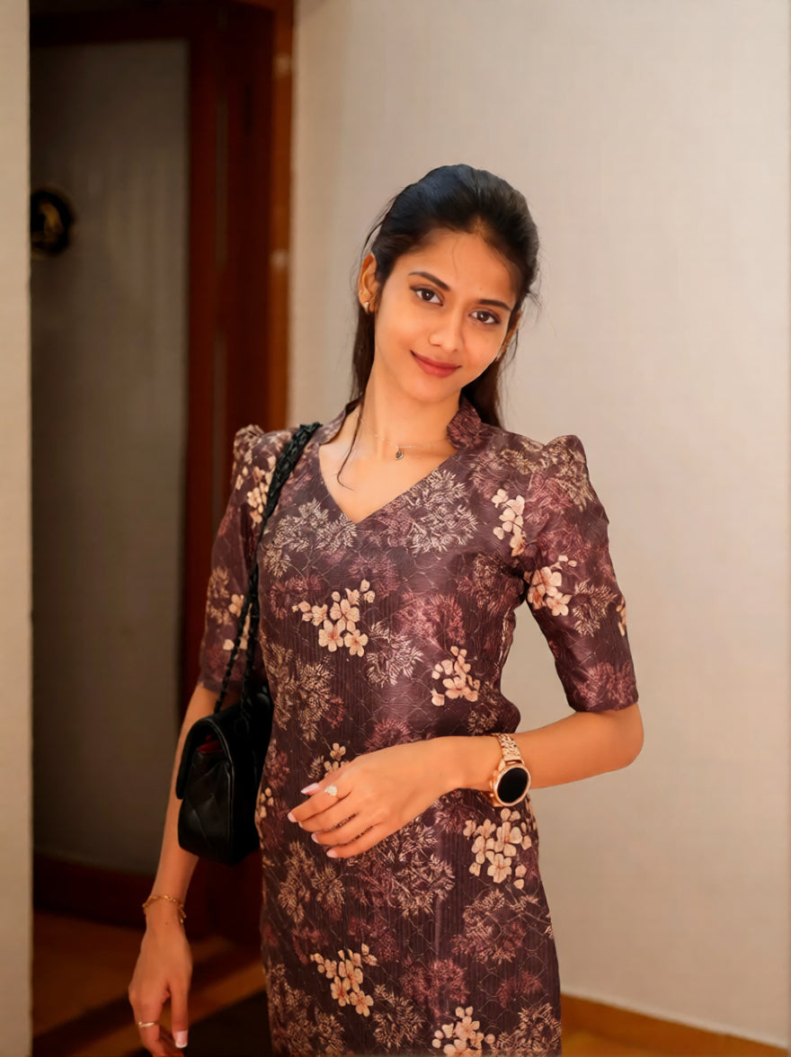 Plum Blossom Floral Kurti Dress for Women  Soft Flowing Fabric with Elegant Cut Perfect for Casual Brunch or Festive Occasions