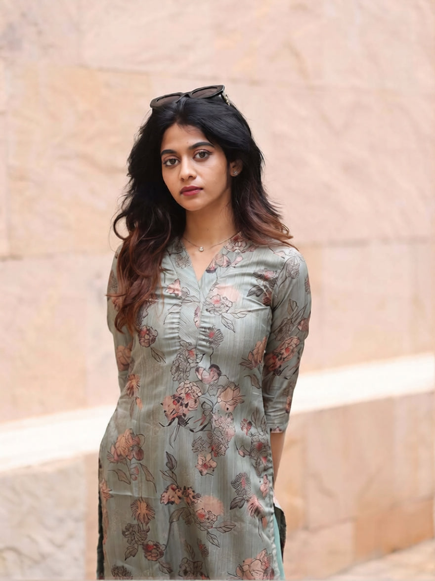 Women Mint Bloom Kurti Set  Lightweight Flowing Fabric with Elegant Pastel Print and Comfortable Coordinated Design