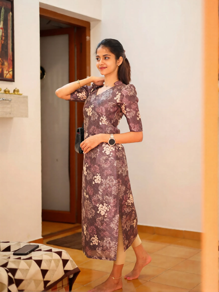 Plum Blossom Floral Kurti Dress for Women  Soft Flowing Fabric with Elegant Cut Perfect for Casual Brunch or Festive Occasions