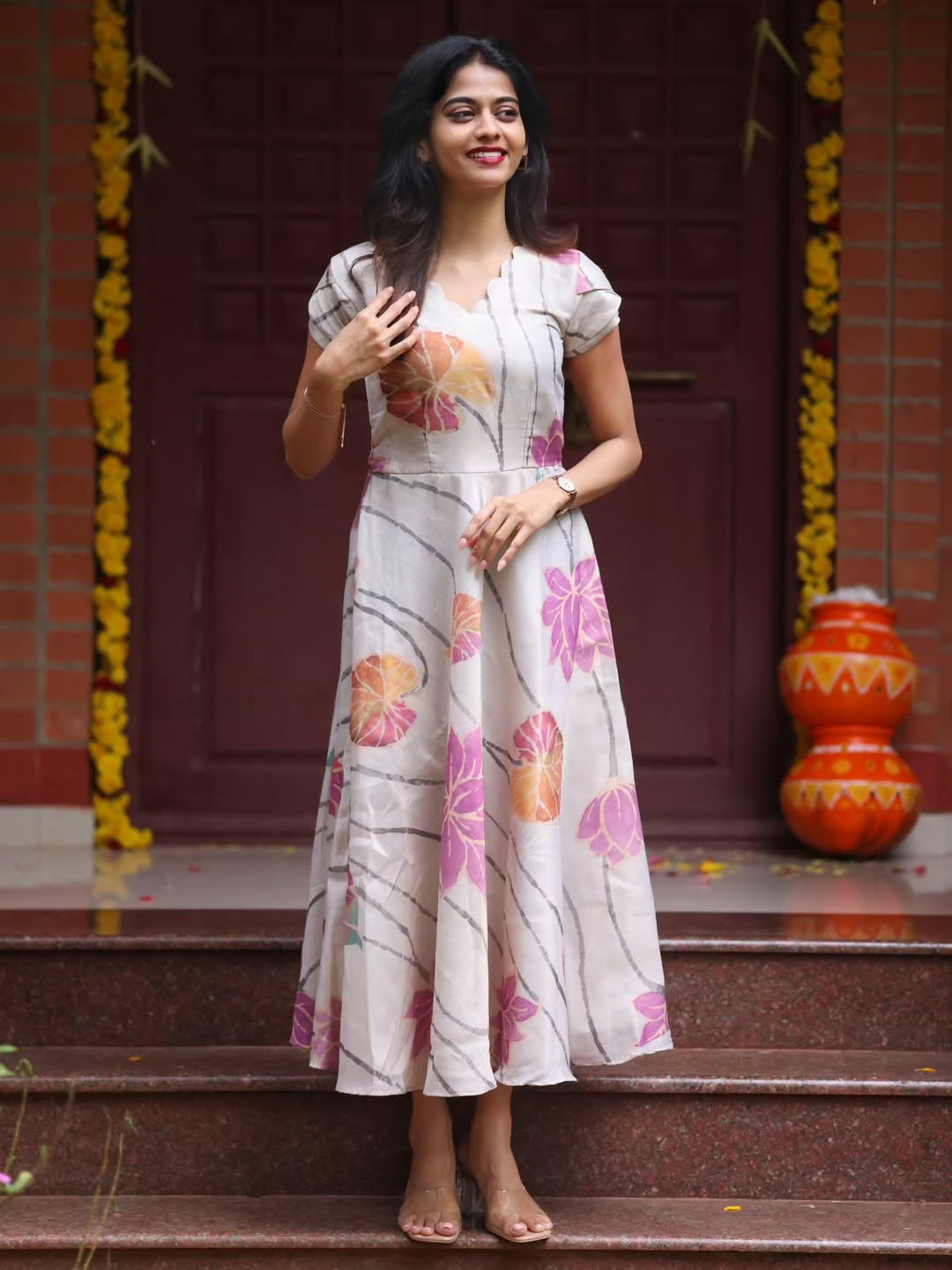 Ivory Bloom A Line Dress Lightweight Airy Fabric with Flattering V Neckline and Graceful Flowing Silhouette