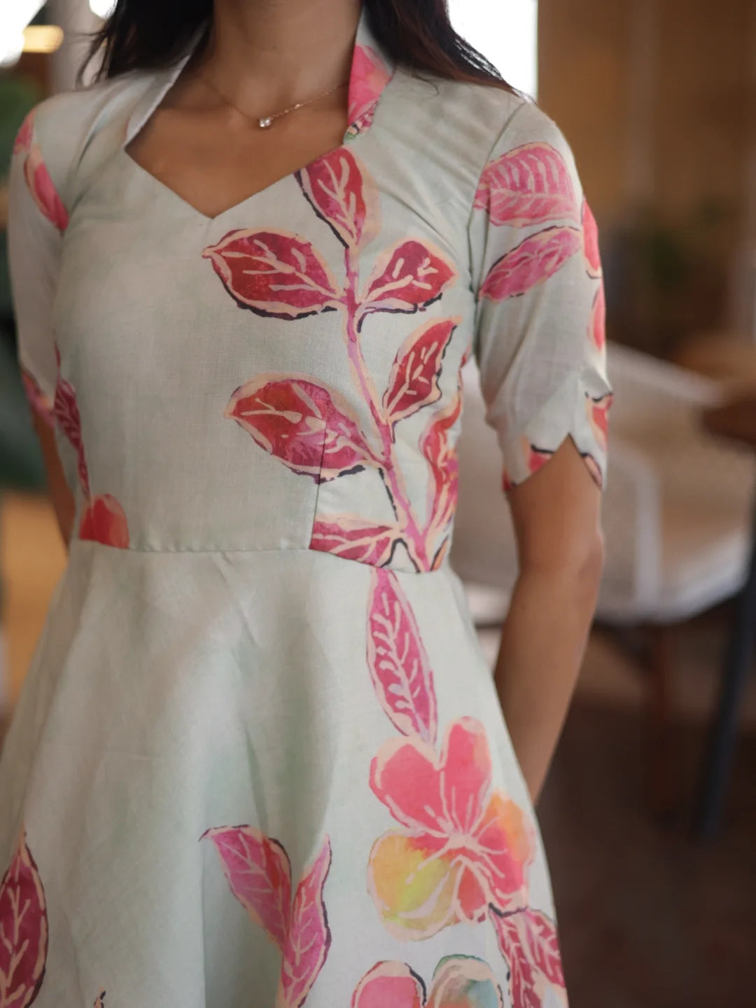 Elegant Mint Blossom Floral Dress Soft Lightweight Fabric with Flowing Silhouette and Pastel Pink Coral & Peach Floral