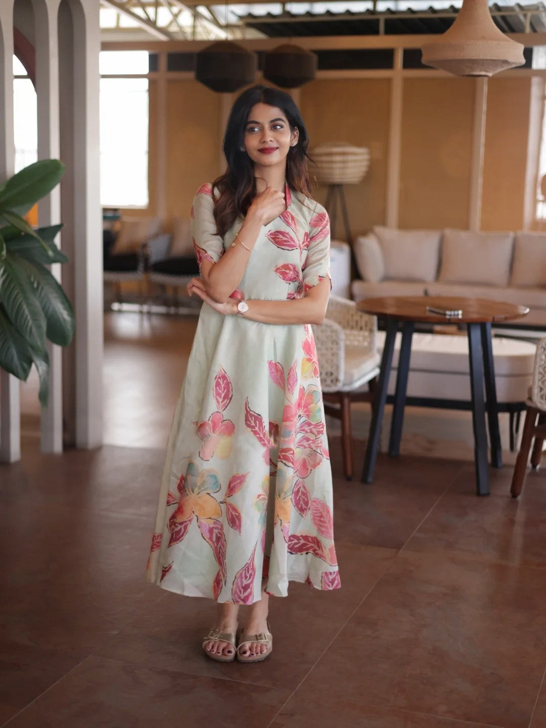 Elegant Mint Blossom Floral Dress Soft Lightweight Fabric with Flowing Silhouette and Pastel Pink Coral & Peach Floral