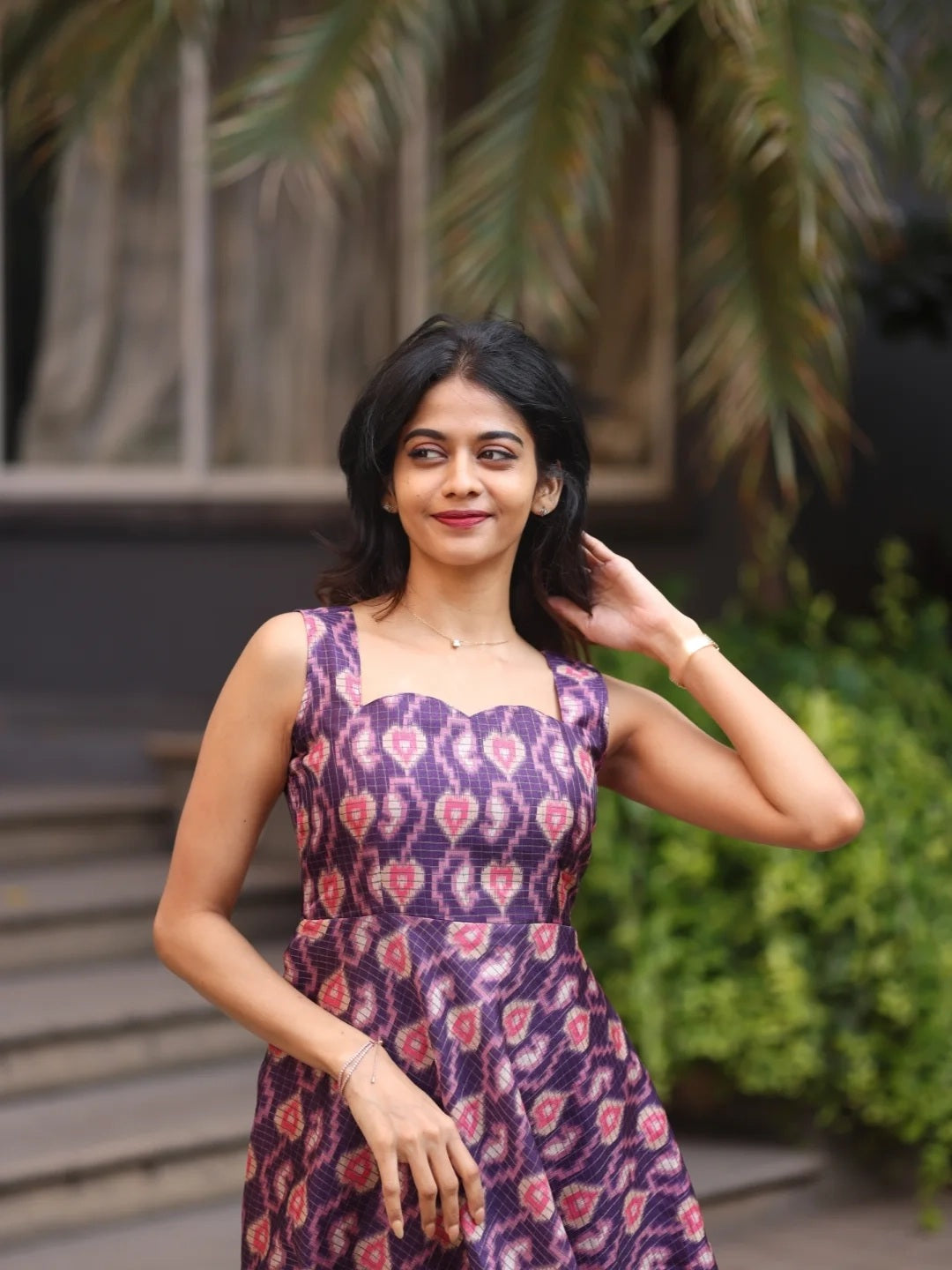 Plum Ikat Grace Midi Dress for Women Lightweight  Flowing Fabric with Elegant
