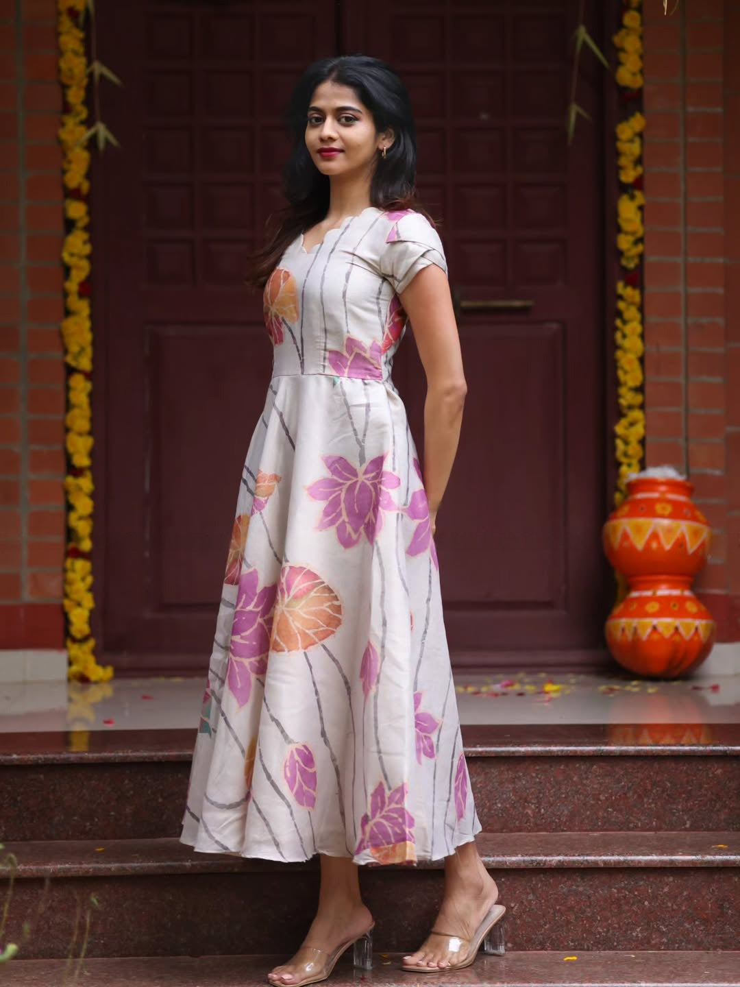 Ivory Bloom A Line Dress Lightweight Airy Fabric with Flattering V Neckline and Graceful Flowing Silhouette