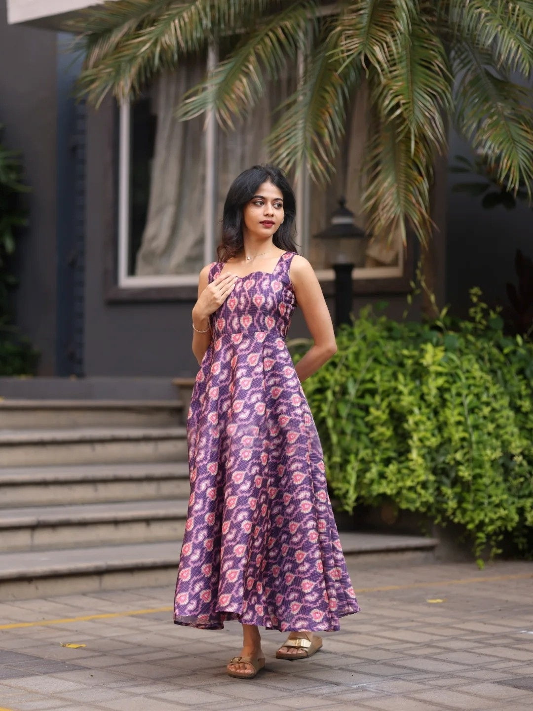 Plum Ikat Grace Midi Dress for Women Lightweight  Flowing Fabric with Elegant