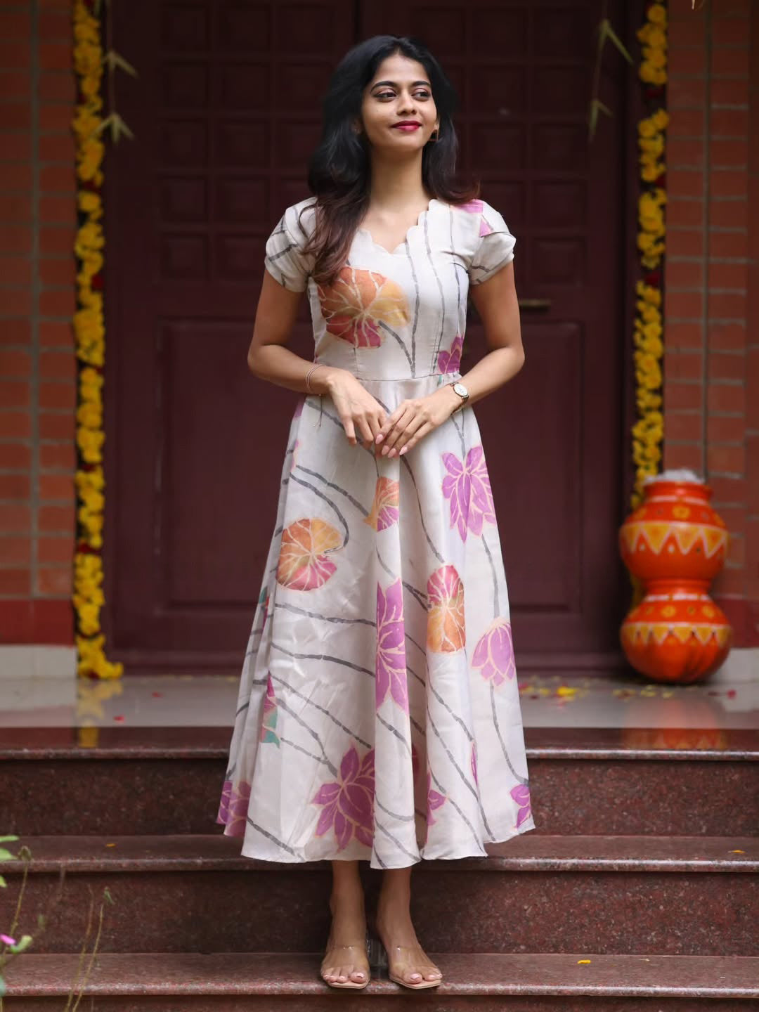 Ivory Bloom A Line Dress Lightweight Airy Fabric with Flattering V Neckline and Graceful Flowing Silhouette