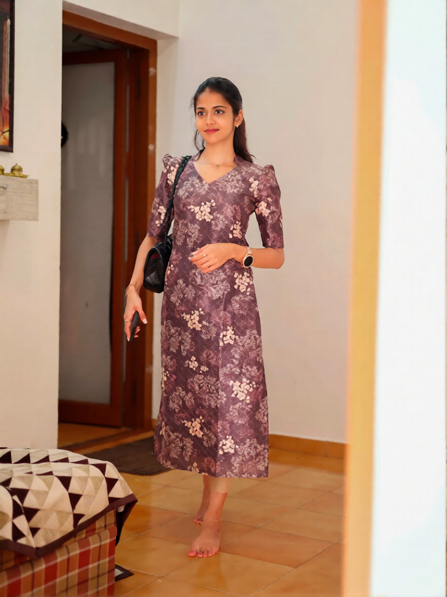 Plum Blossom Floral Kurti Dress for Women  Soft Flowing Fabric with Elegant Cut Perfect for Casual Brunch or Festive Occasions