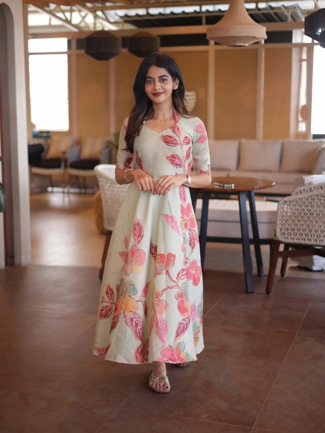 Elegant Mint Blossom Floral Dress Soft Lightweight Fabric with Flowing Silhouette and Pastel Pink Coral & Peach Floral