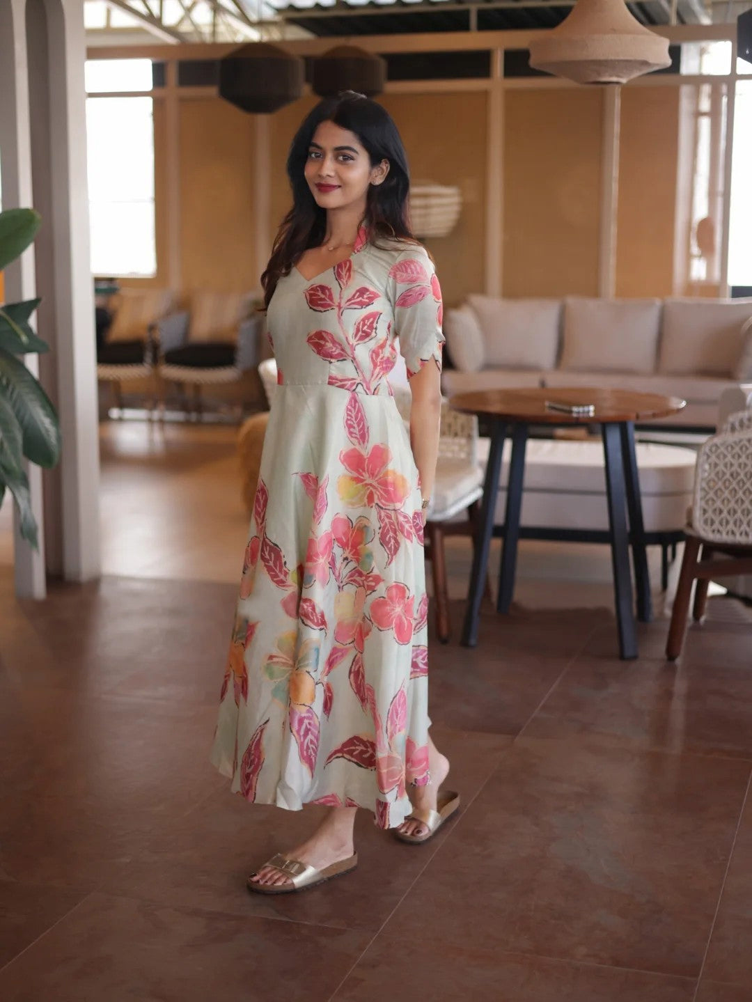 Elegant Mint Blossom Floral Dress Soft Lightweight Fabric with Flowing Silhouette and Pastel Pink Coral & Peach Floral