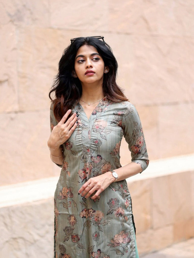 Women Mint Bloom Kurti Set  Lightweight Flowing Fabric with Elegant Pastel Print and Comfortable Coordinated Design