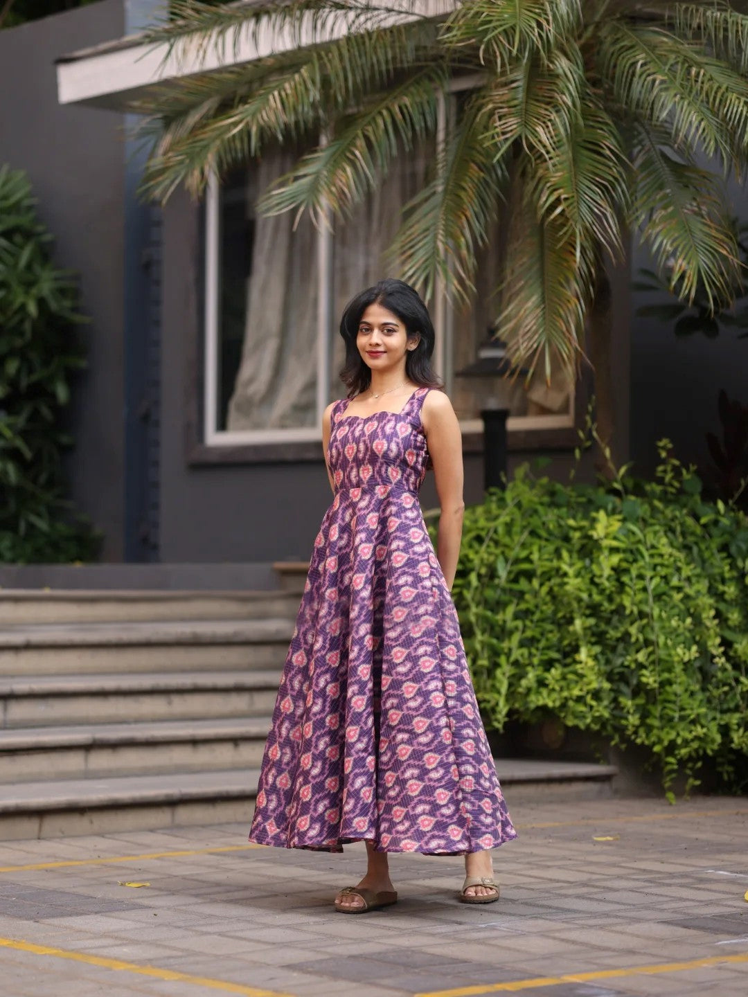 Plum Ikat Grace Midi Dress for Women Lightweight  Flowing Fabric with Elegant