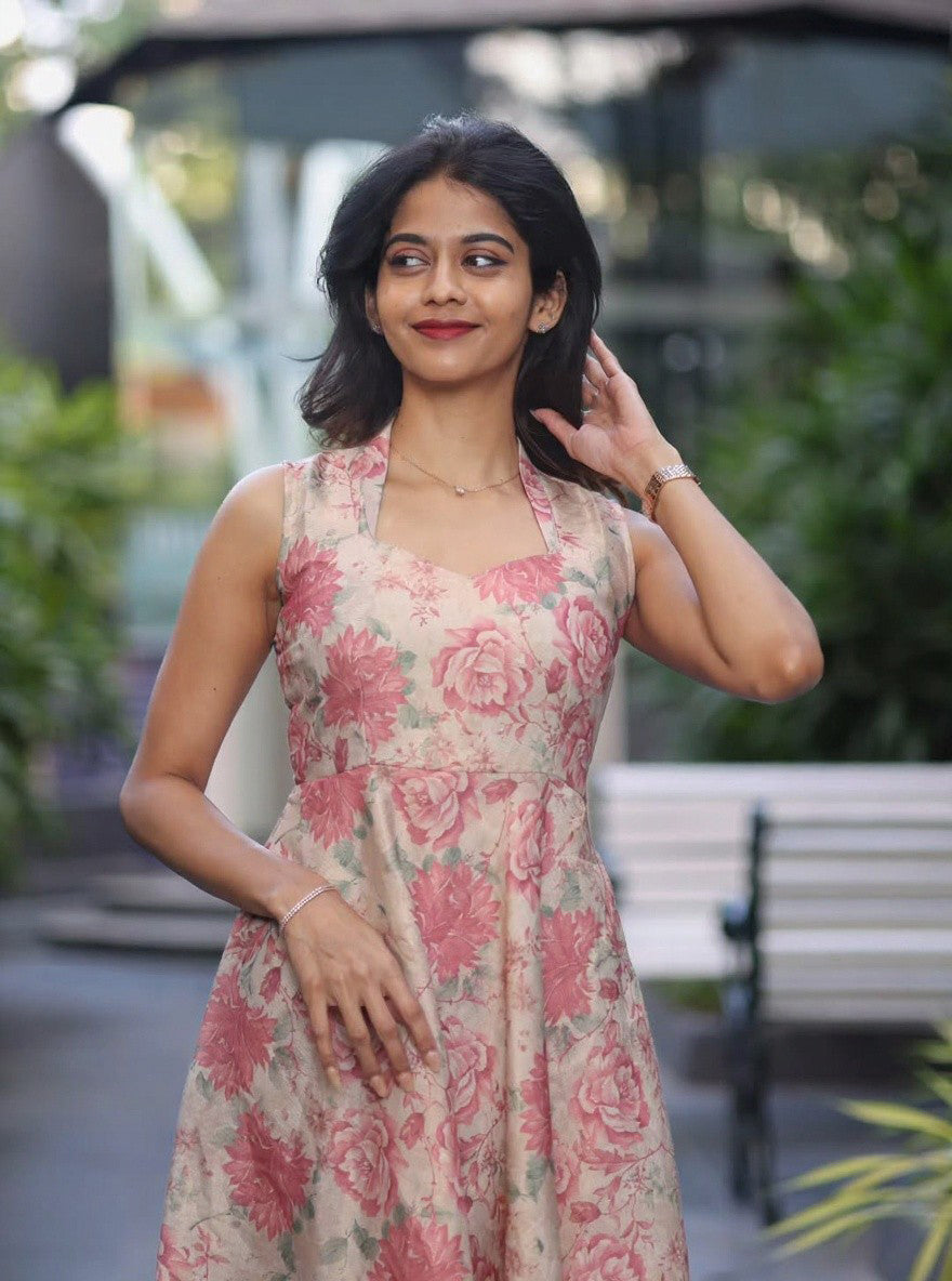 Women Blush Bloom Effortless Elegance Floral Dress  Flowing Lightweight Fabric with Feminine Silhouette Perfect for Brunch Evening or Festive Outfits