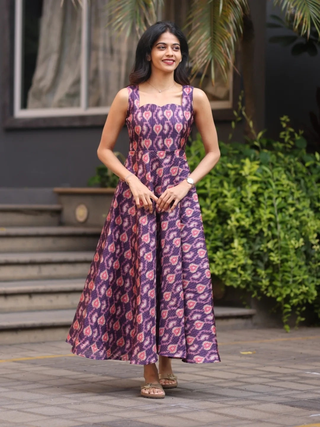 Plum Ikat Grace Midi Dress for Women Lightweight  Flowing Fabric with Elegant